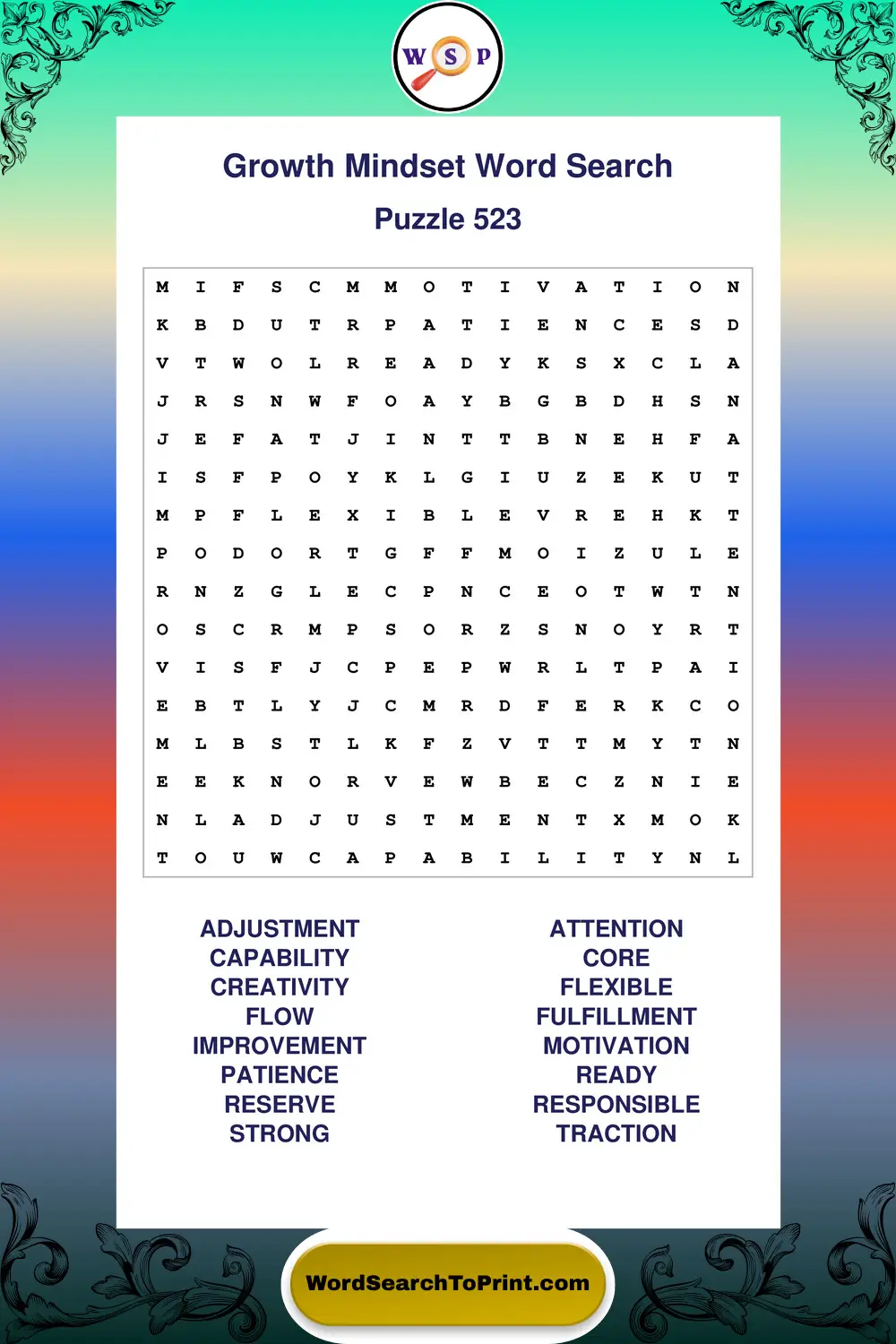 Growth Mindset Word Search Puzzle 523