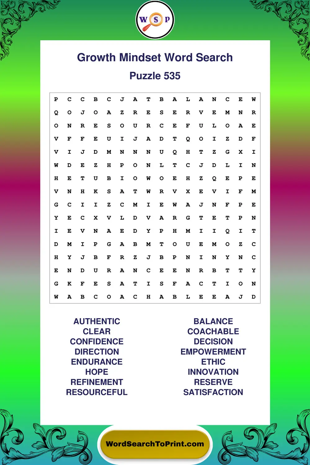 Growth Mindset Word Search Puzzle 535