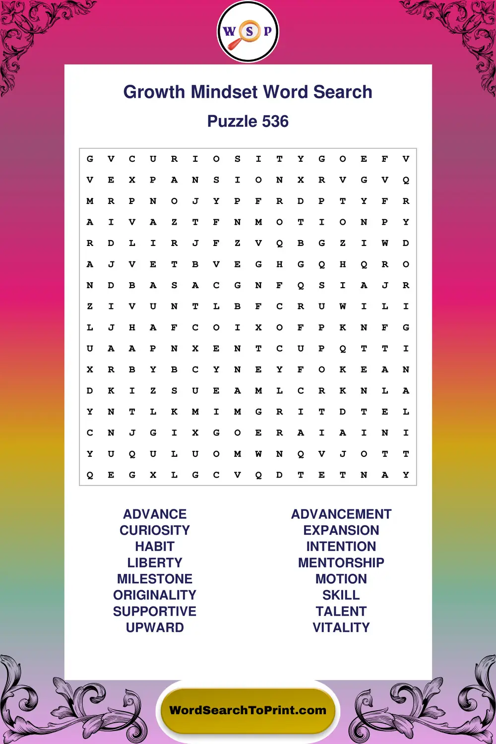 Growth Mindset Word Search Puzzle 536