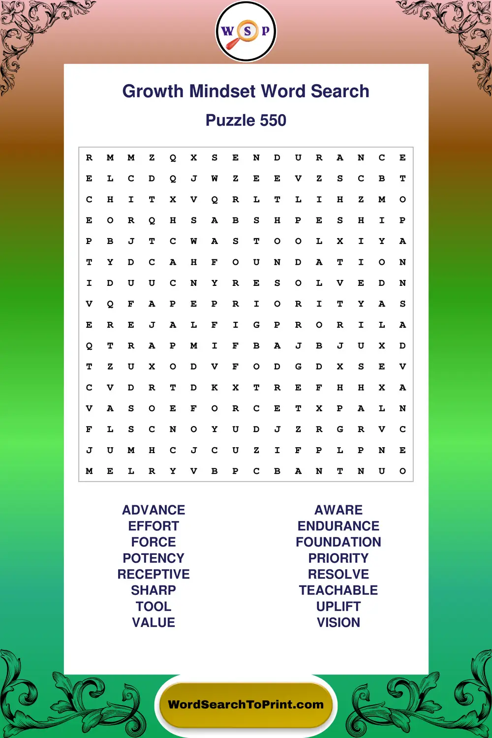 Growth Mindset Word Search Puzzle 550