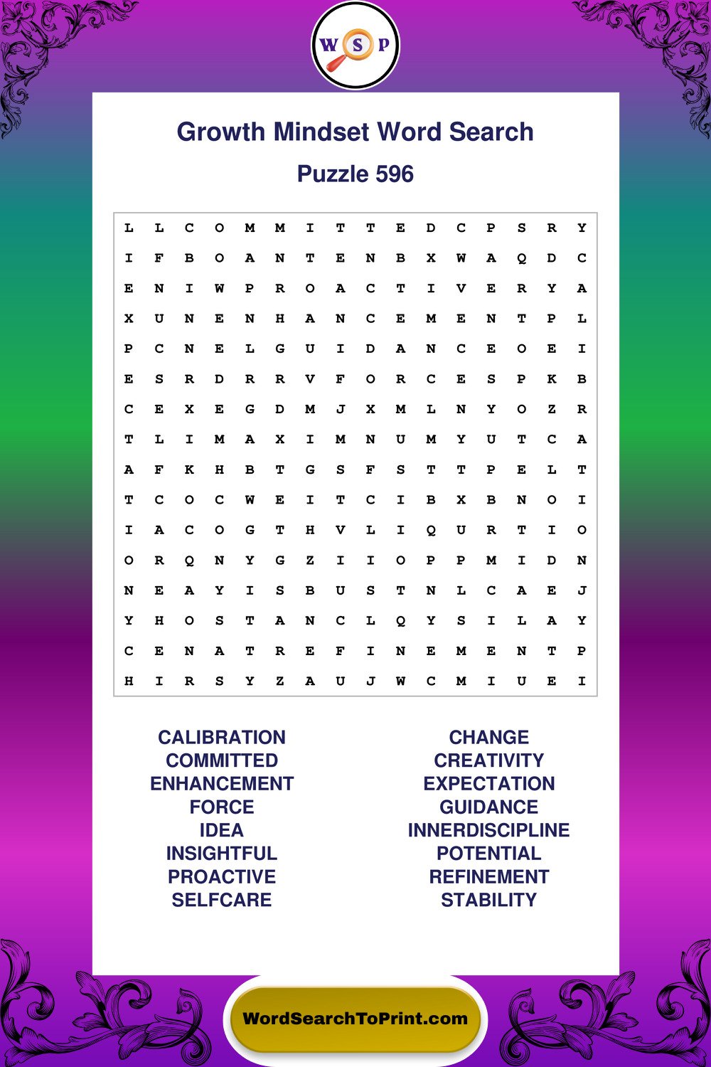 Growth Mindset Word Search Puzzle 596