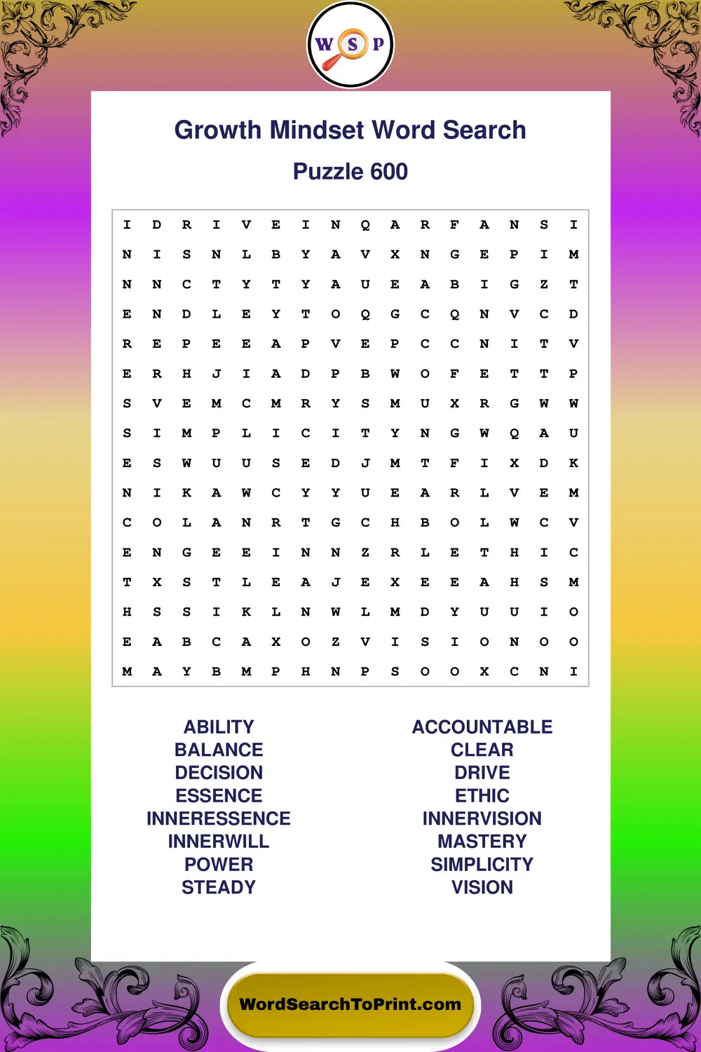 Growth Mindset Word Search Puzzle 600
