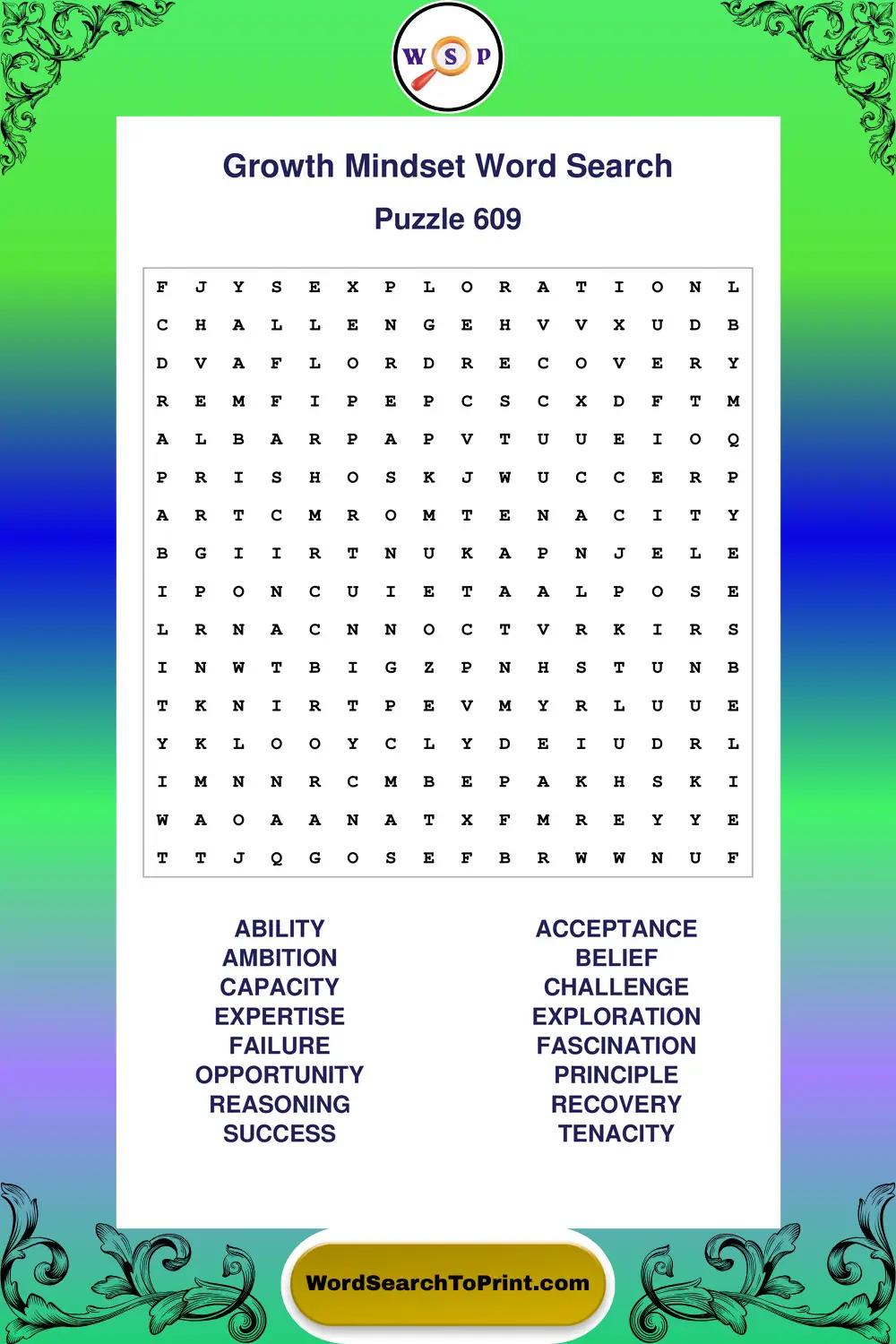 Growth Mindset Word Search Puzzle 609