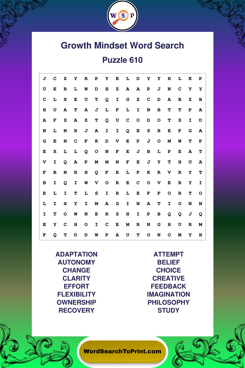 Growth Mindset Word Search Puzzle 610