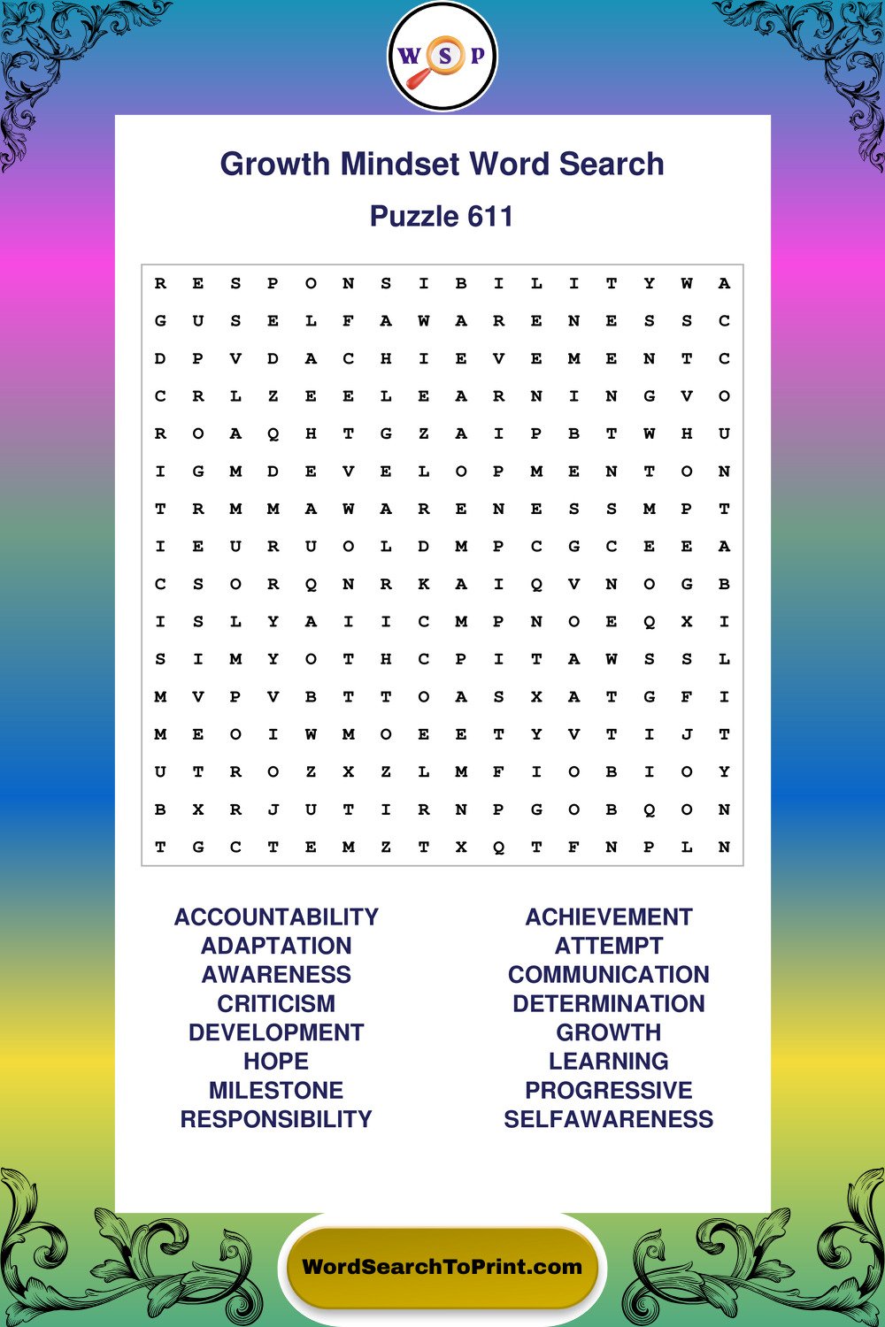 Growth Mindset Word Search Puzzle 611