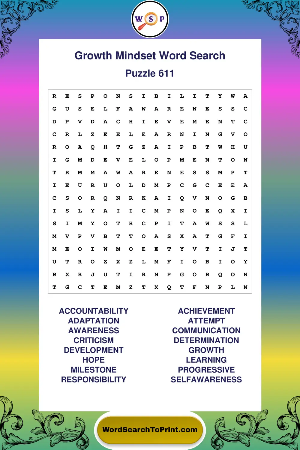 Growth Mindset Word Search Puzzle 611