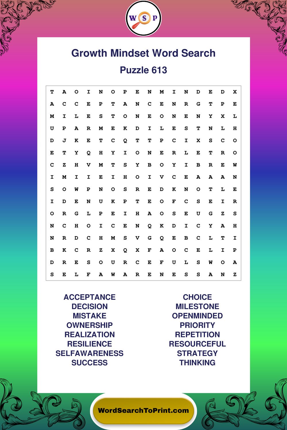 Growth Mindset Word Search Puzzle 613