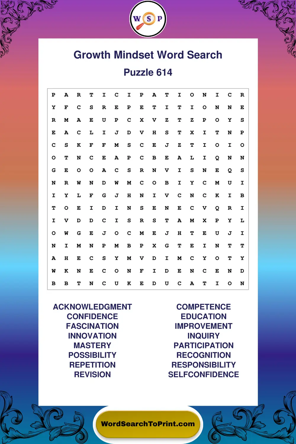 Growth Mindset Word Search Puzzle 614