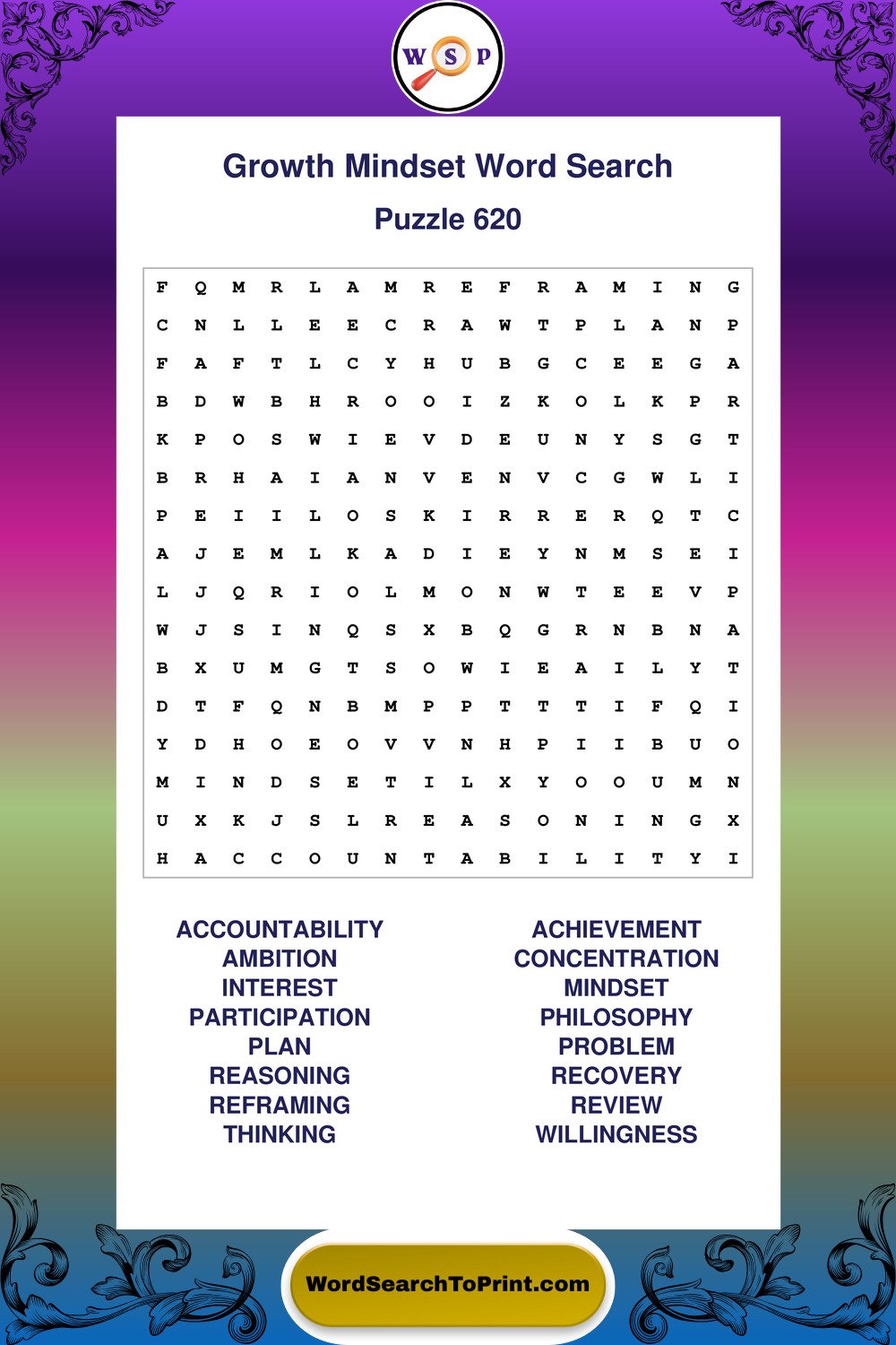 Growth Mindset Word Search Puzzle 620