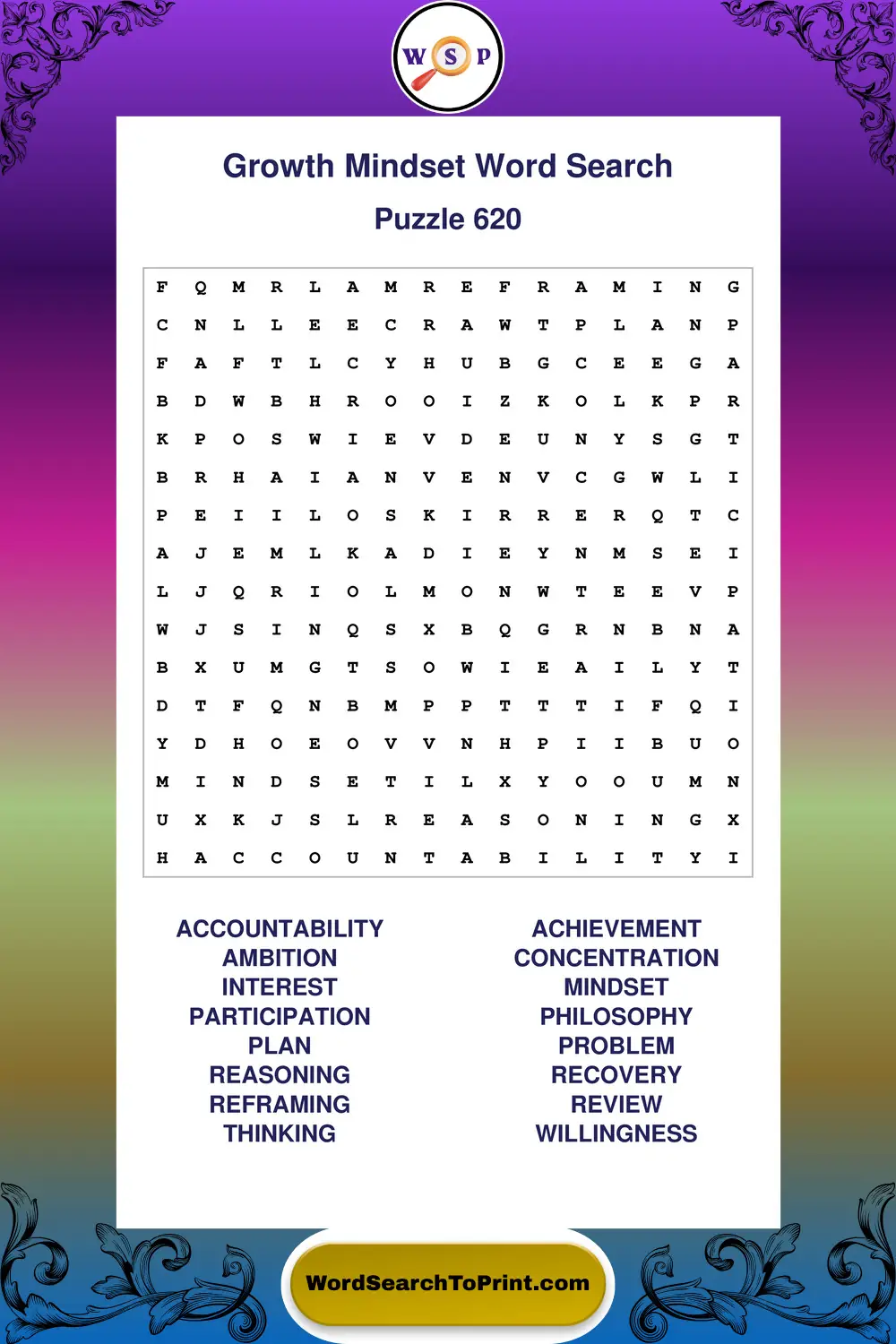 Growth Mindset Word Search Puzzle 620