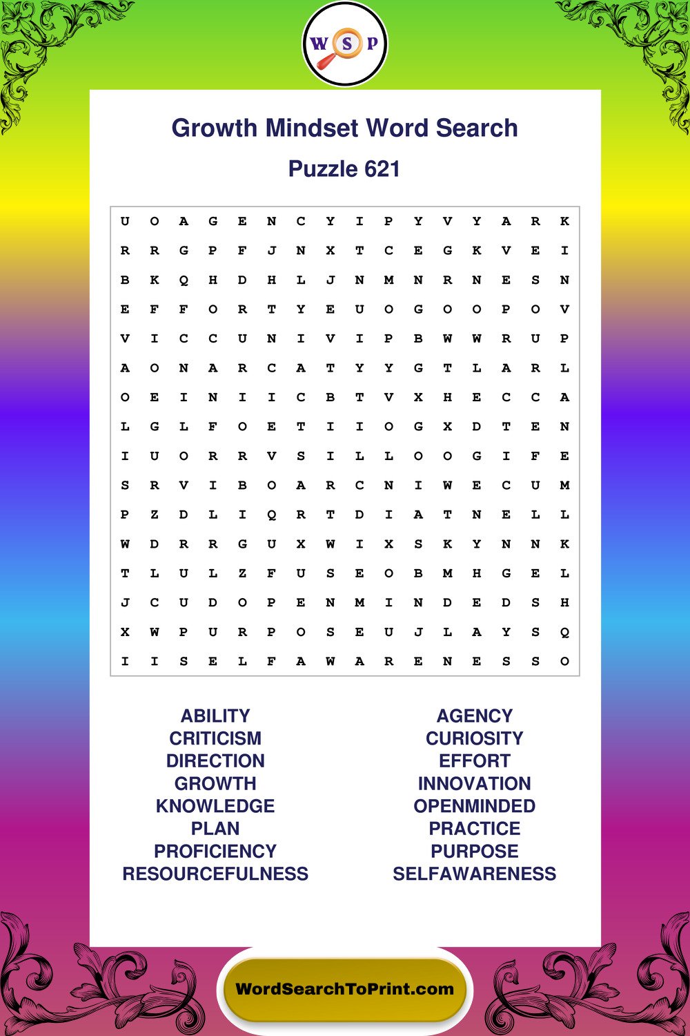 Growth Mindset Word Search Puzzle 621