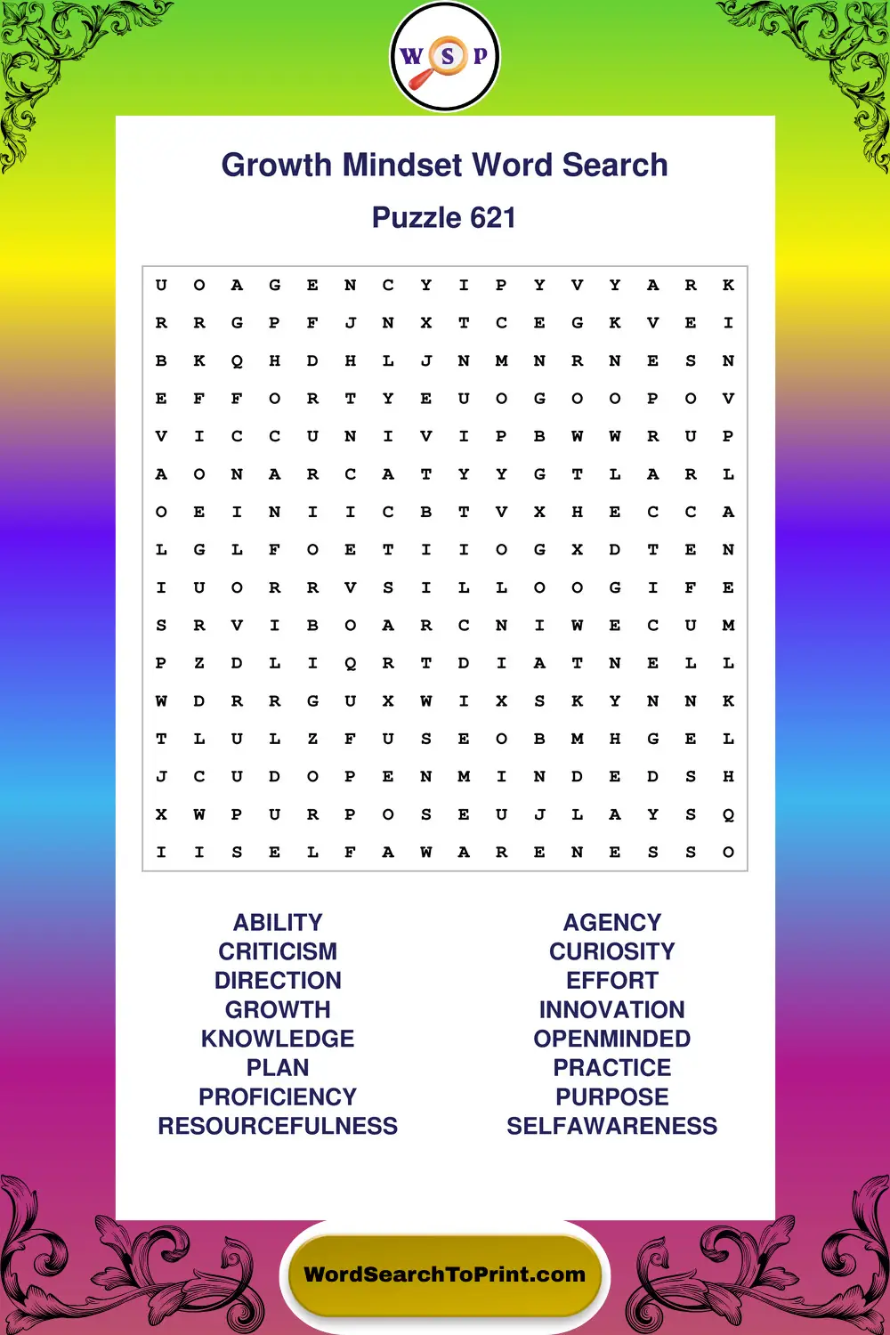 Growth Mindset Word Search Puzzle 621