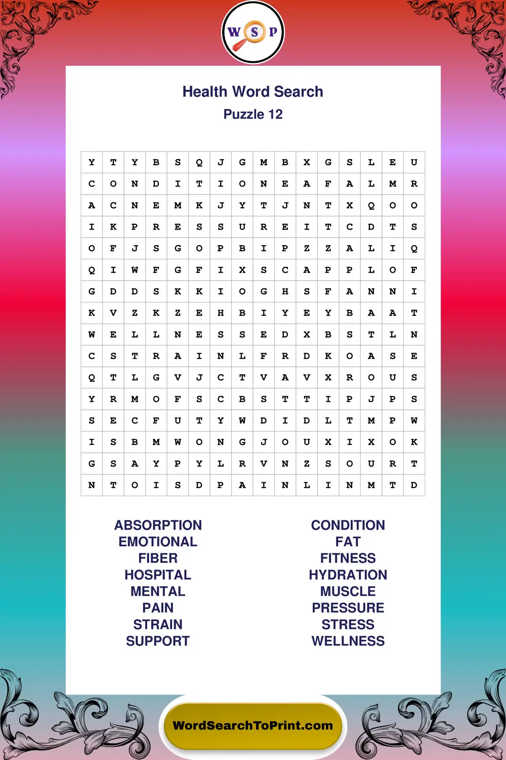 Health Word Search Puzzle 12
