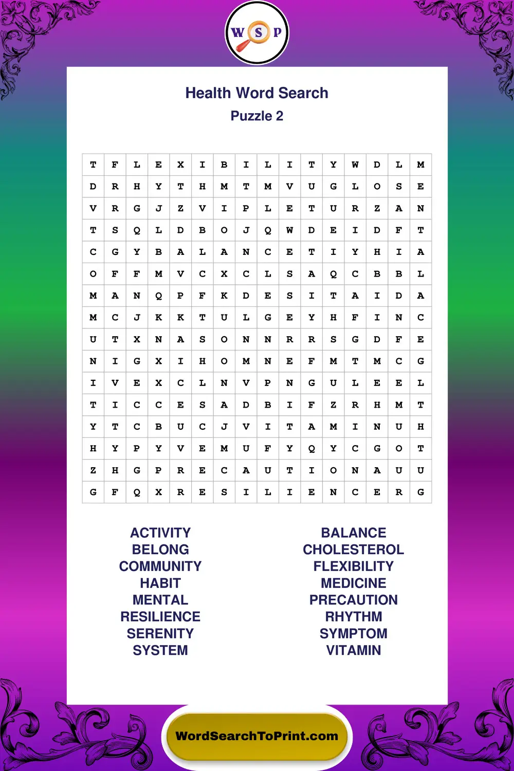 Health Word Search Puzzle 2