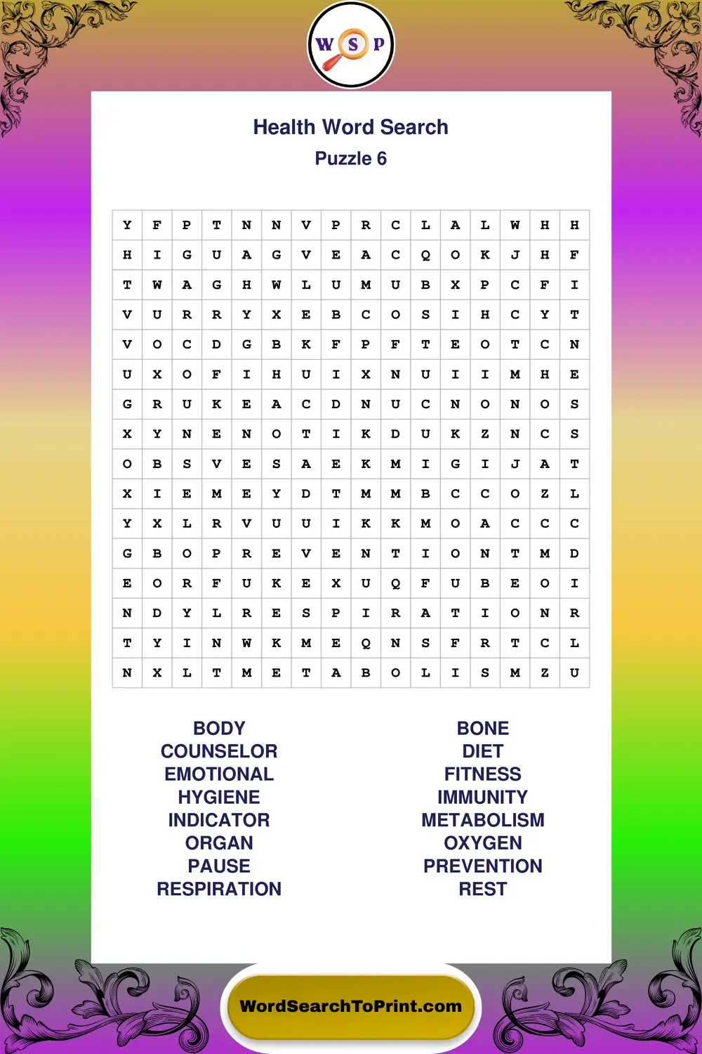 Health Word Search Puzzle 6