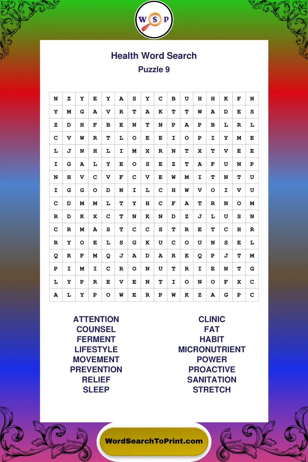 Health Word Search Puzzle 9