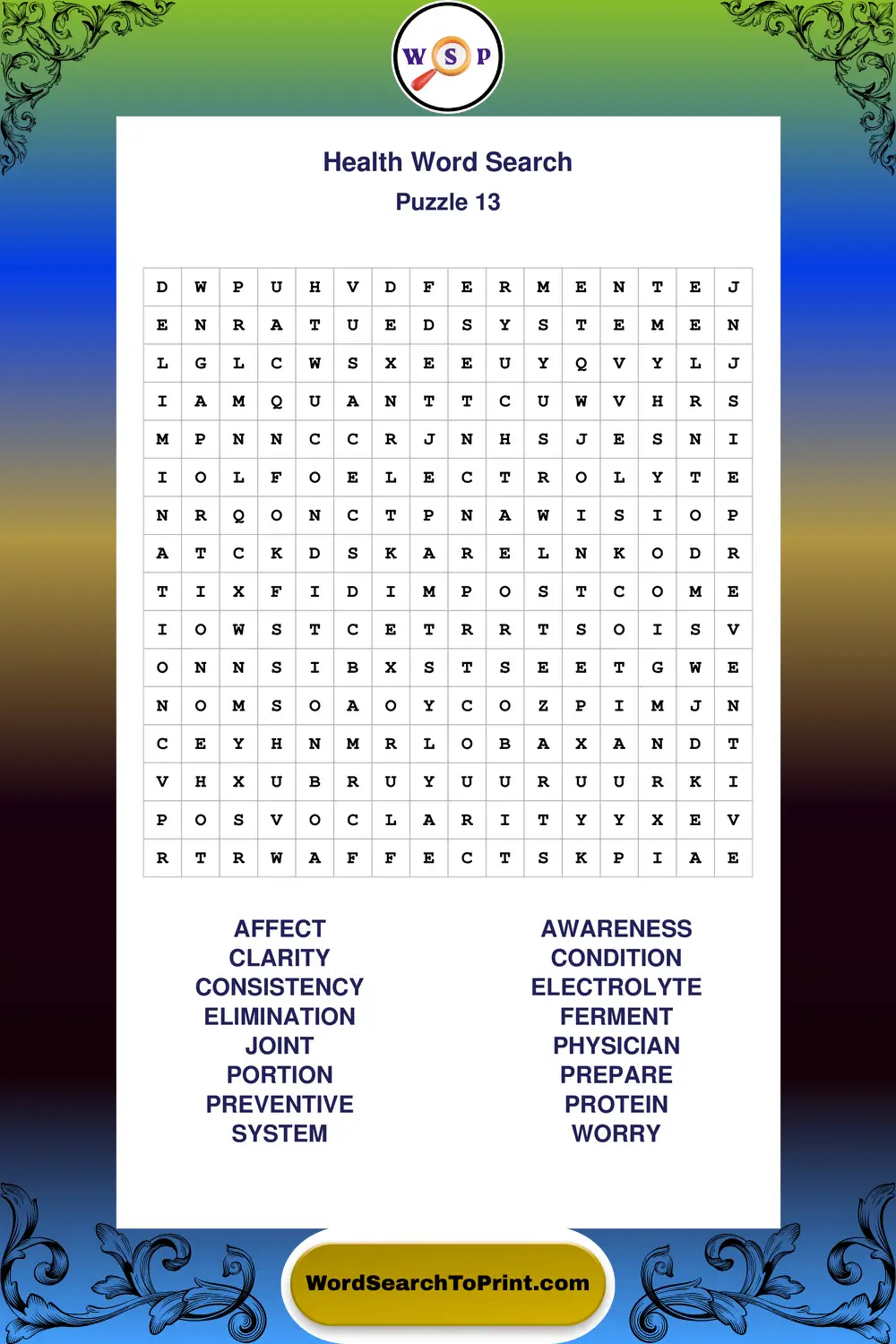 Health Word Search Puzzle 13