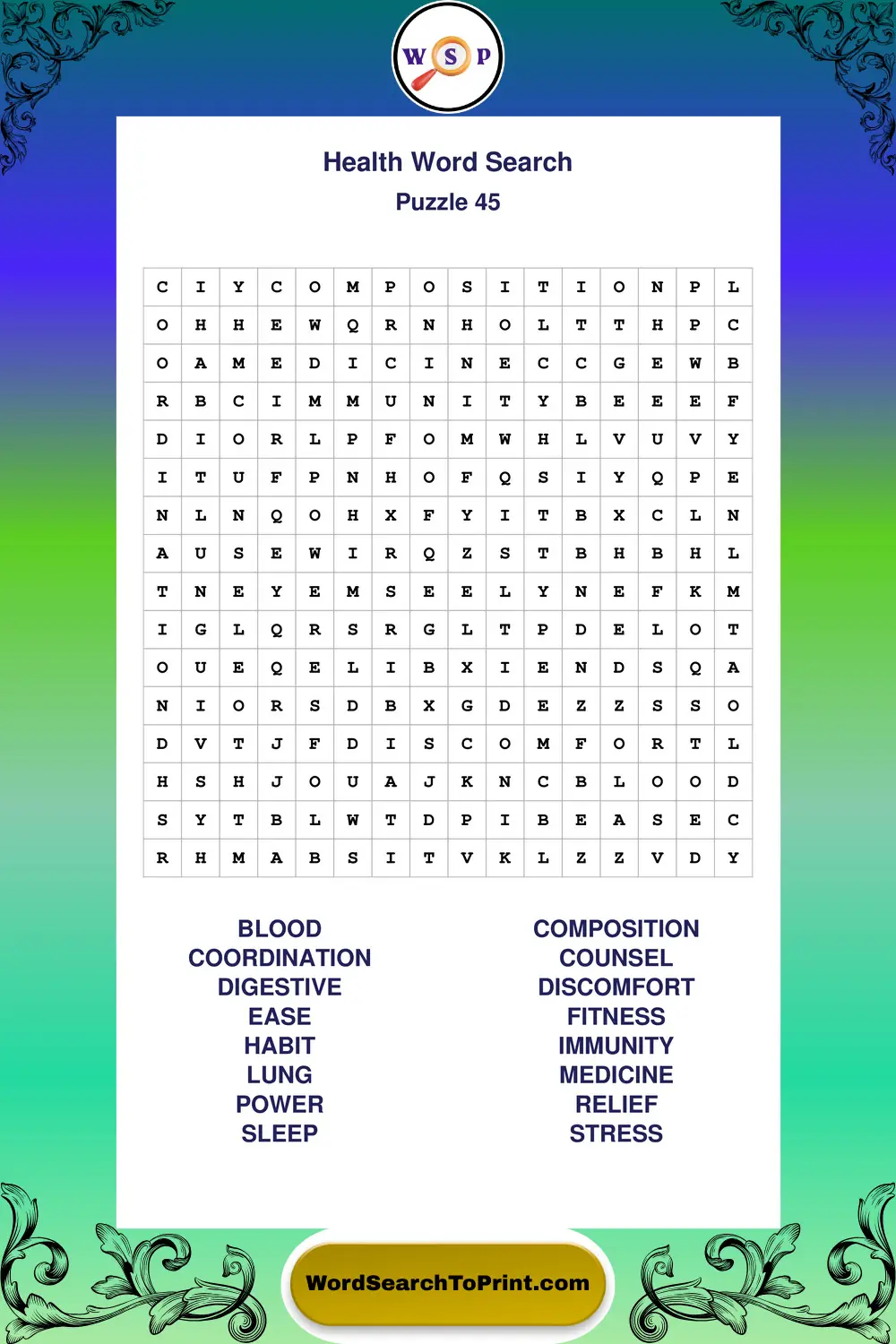 Health Word Search Puzzle 45