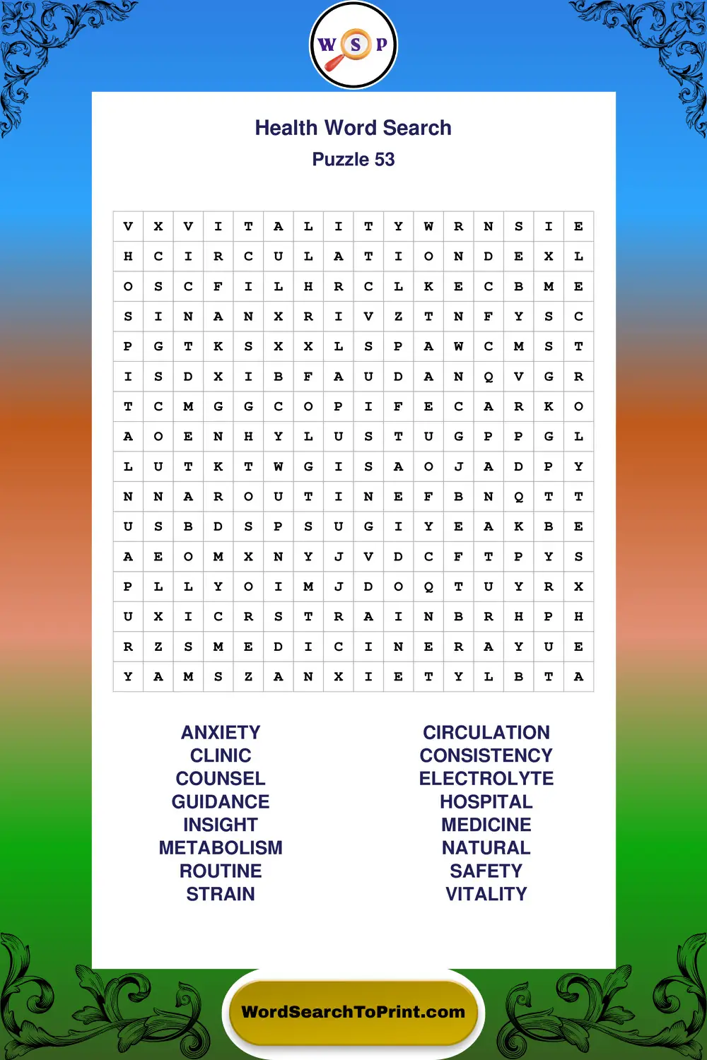 Health Word Search Puzzle 53
