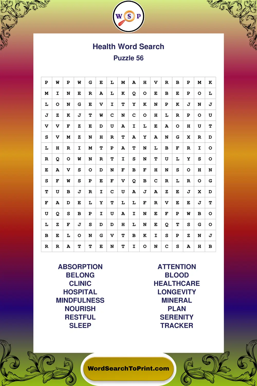 Health Word Search Puzzle 56