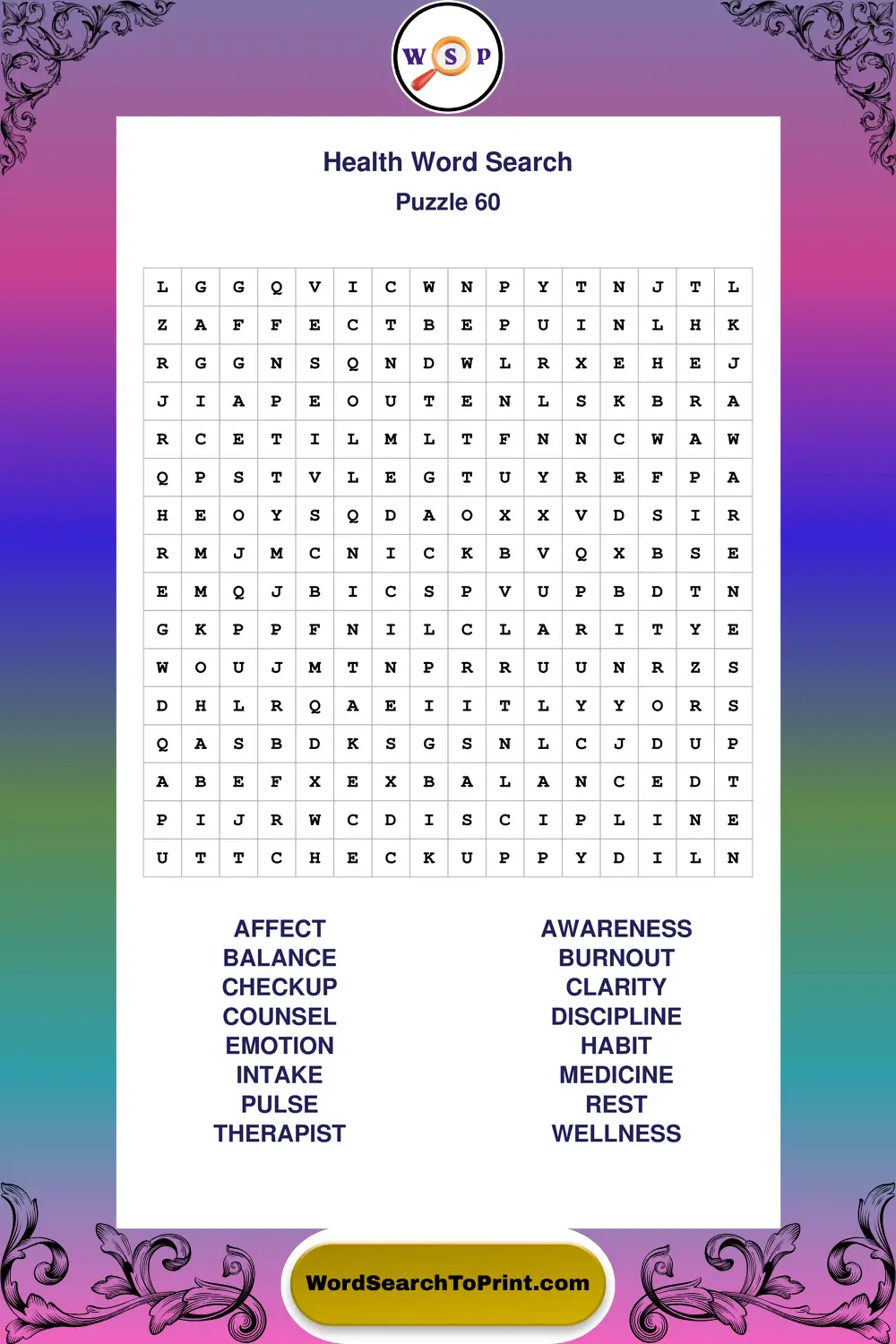 Health Word Search Puzzle 60