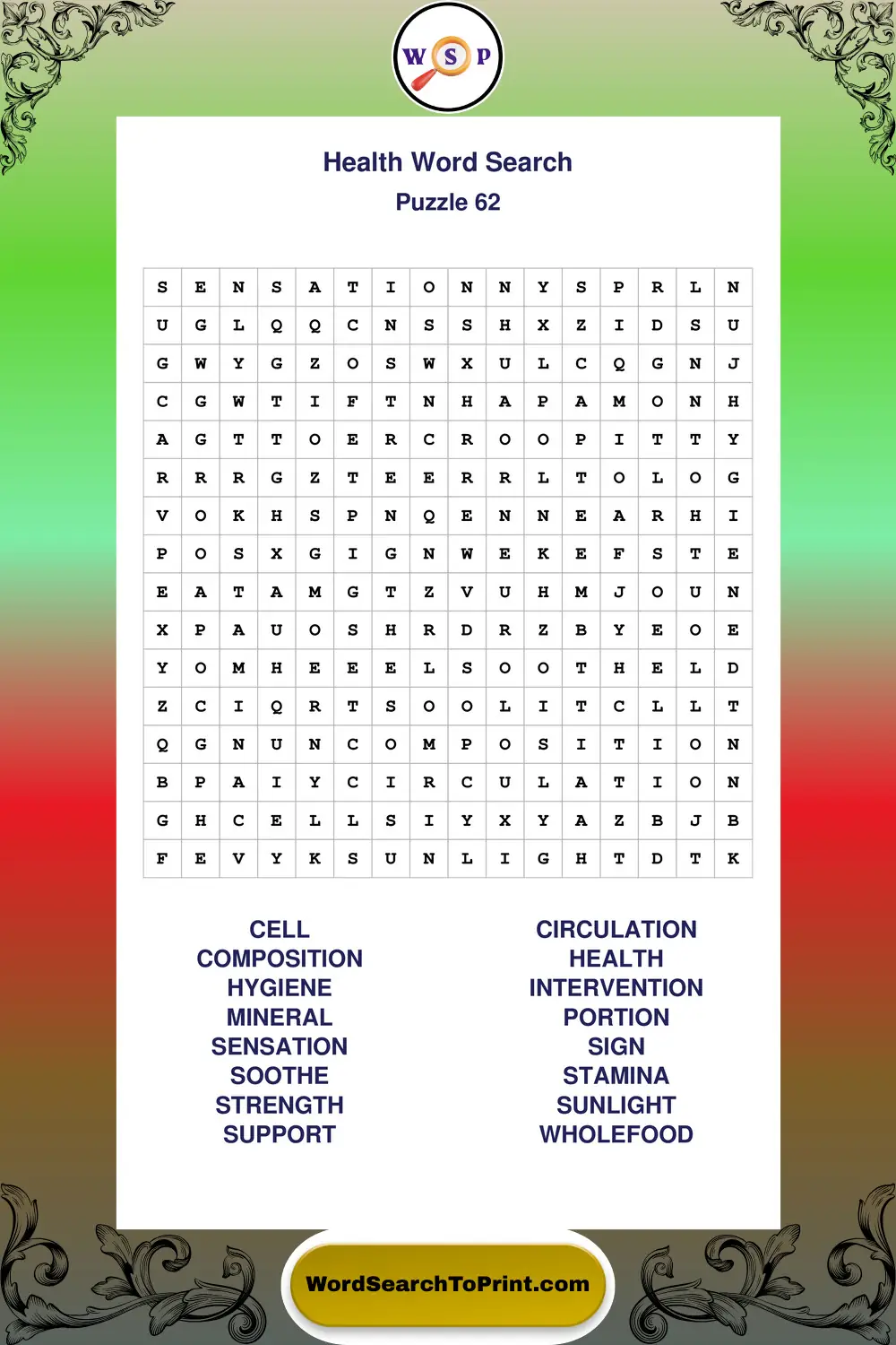 Health Word Search Puzzle 62