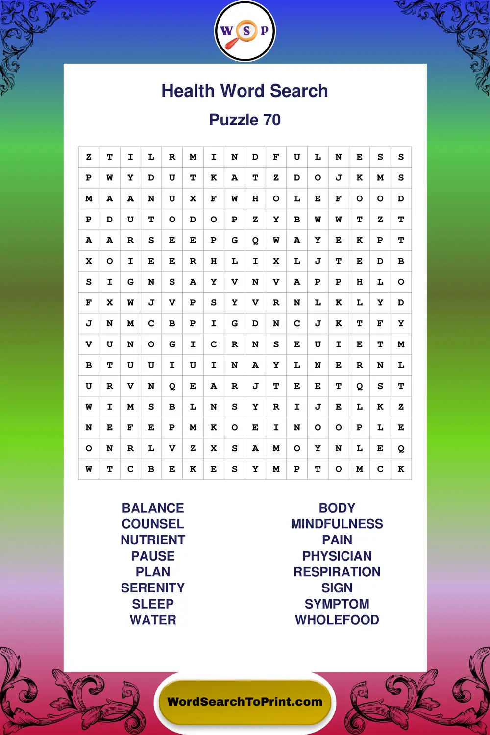 Health Word Search Puzzle 70