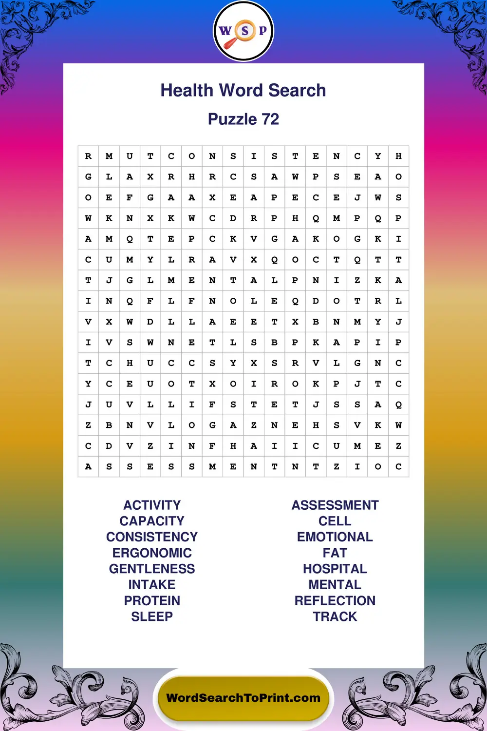 Health Word Search Puzzle 72