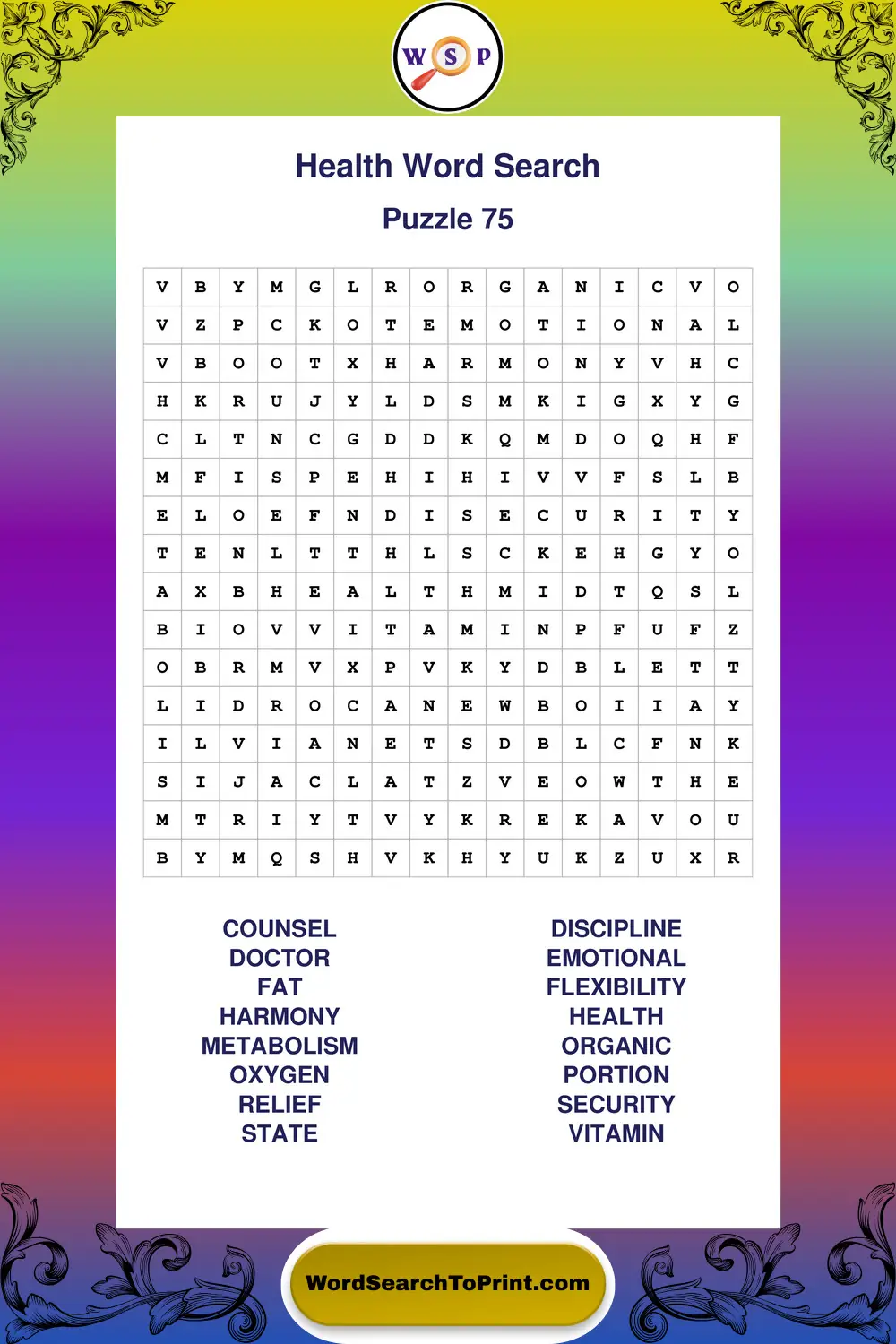 Health Word Search Puzzle 75