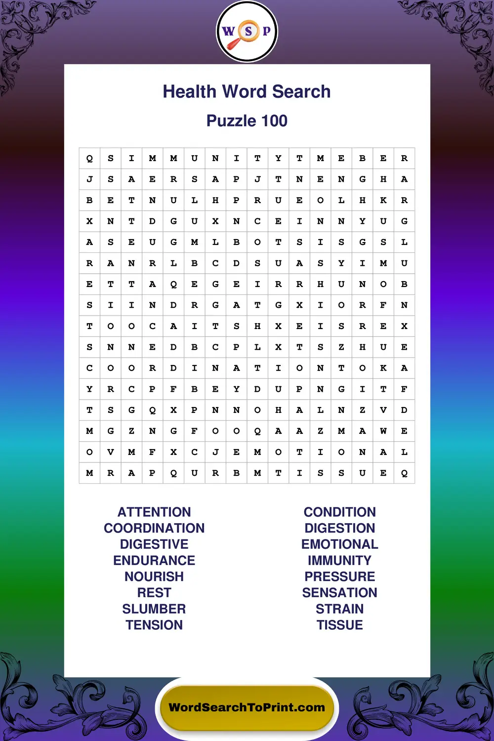 Health Word Search Puzzle 100