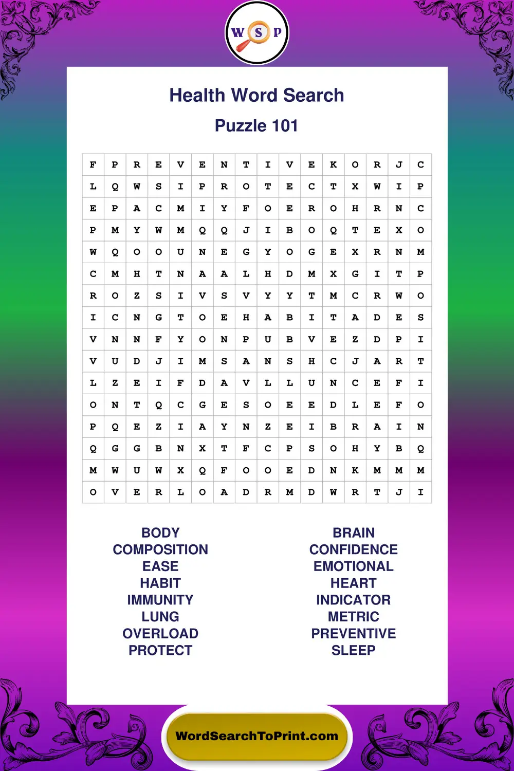 Health Word Search Puzzle 101