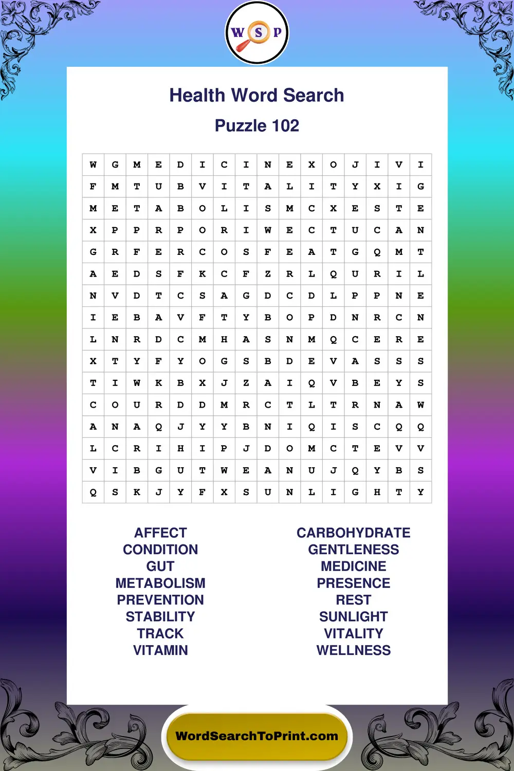 Health Word Search Puzzle 102