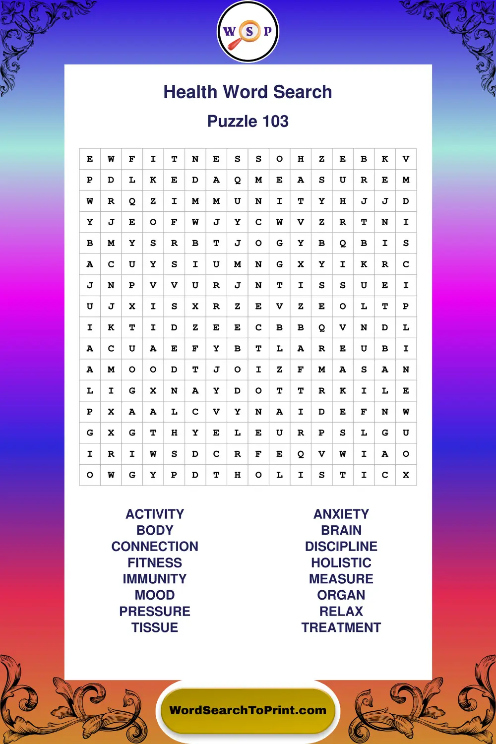 Health Word Search Puzzle 103