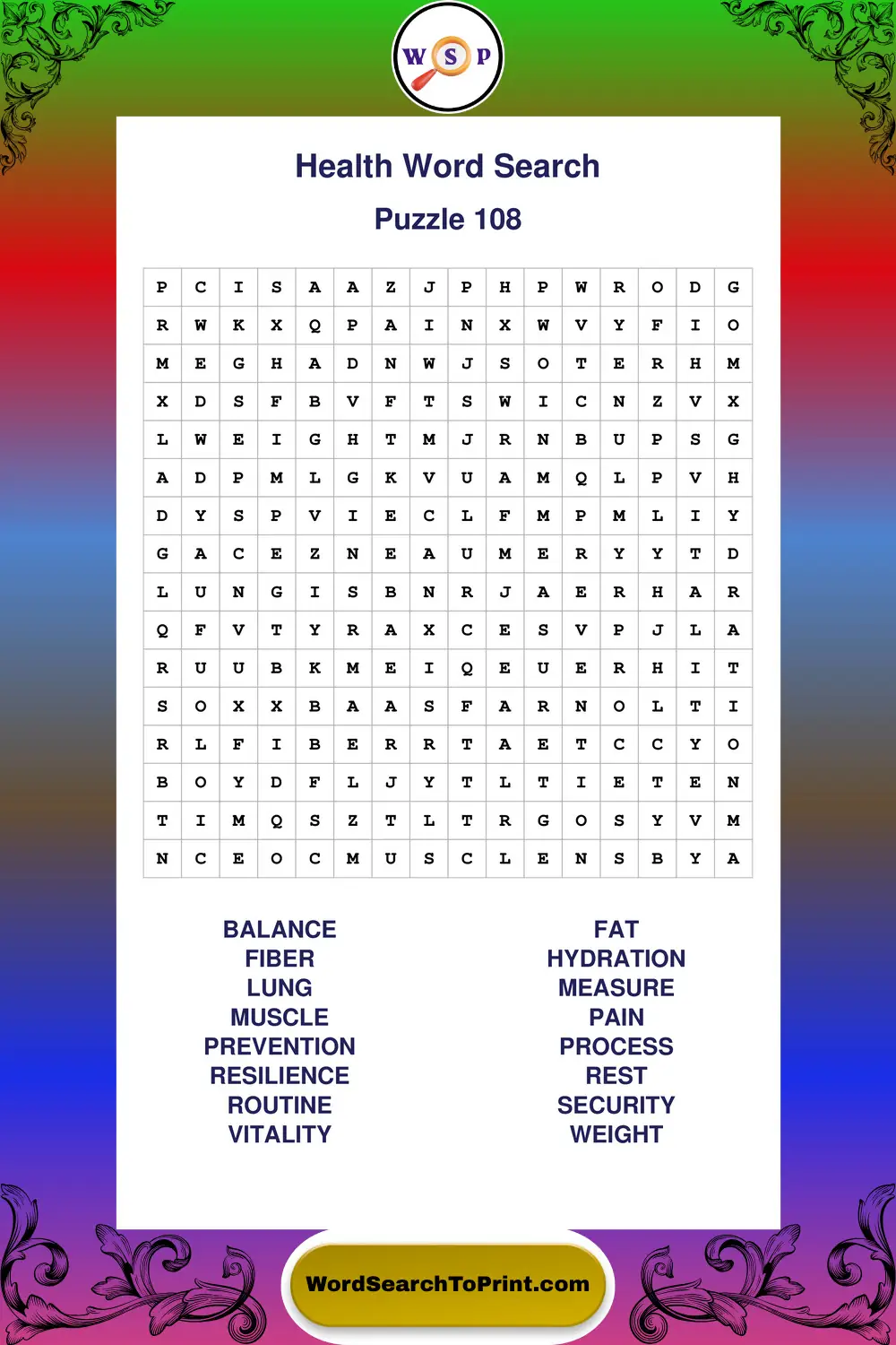 Health Word Search Puzzle 108