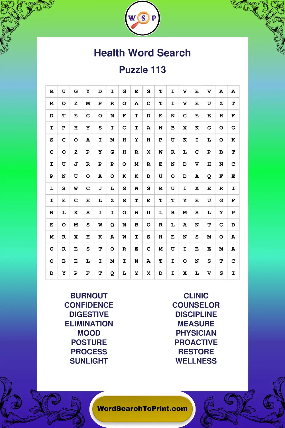 Health Word Search Puzzle 113