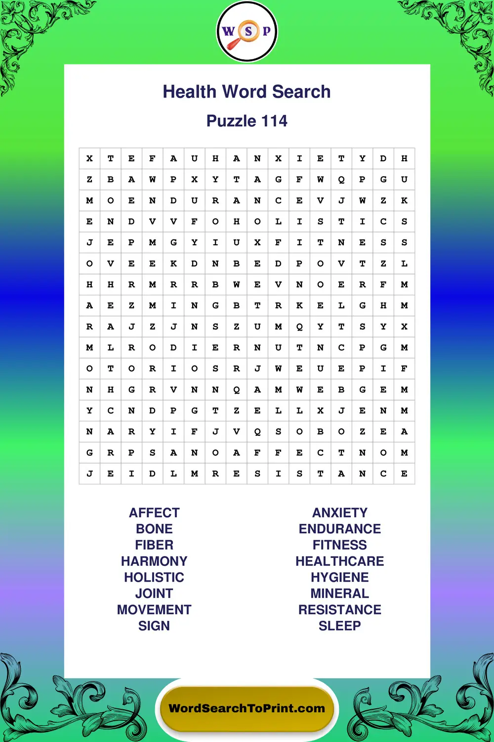 Health Word Search Puzzle 114