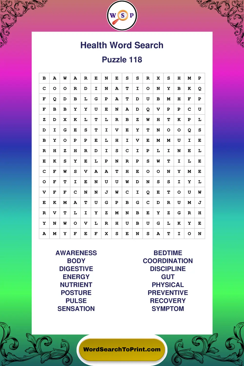 Health Word Search Puzzle 118