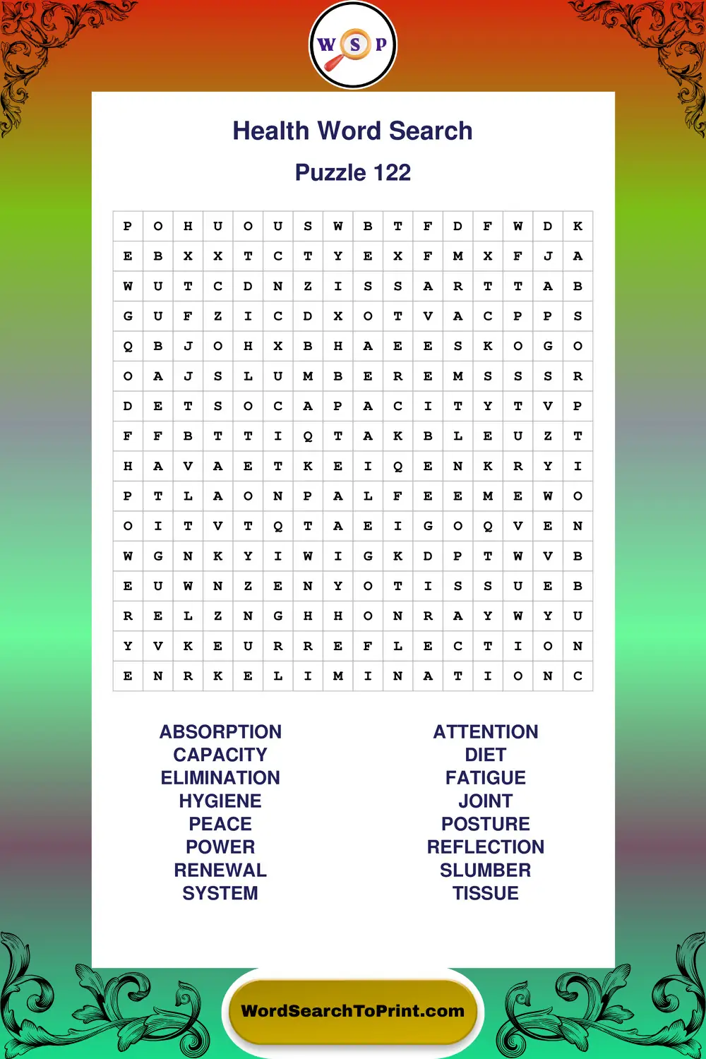 Health Word Search Puzzle 122