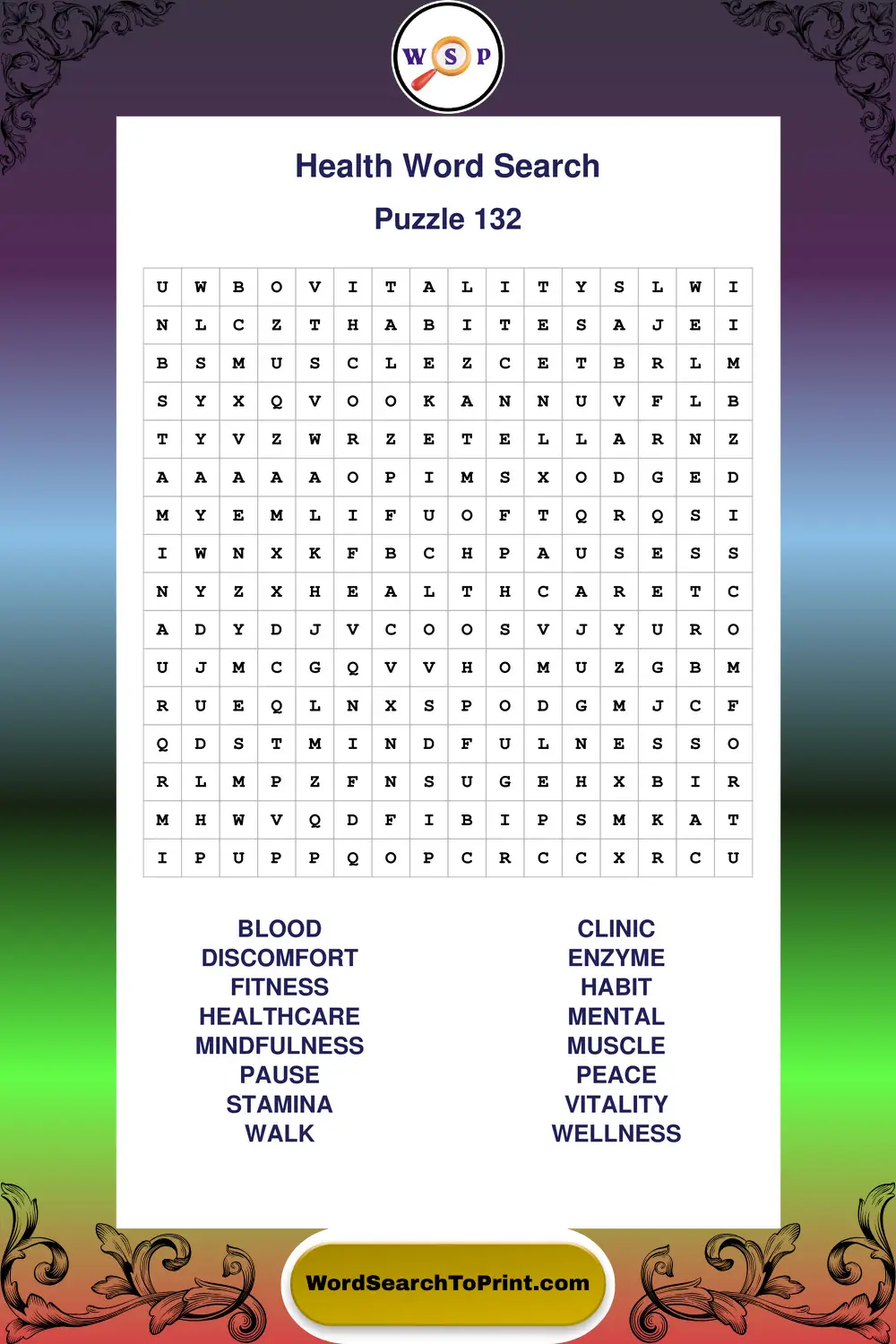 Health Word Search Puzzle 132