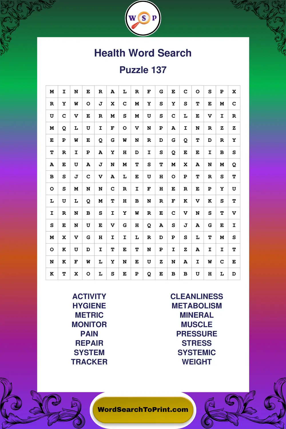 Health Word Search Puzzle 137
