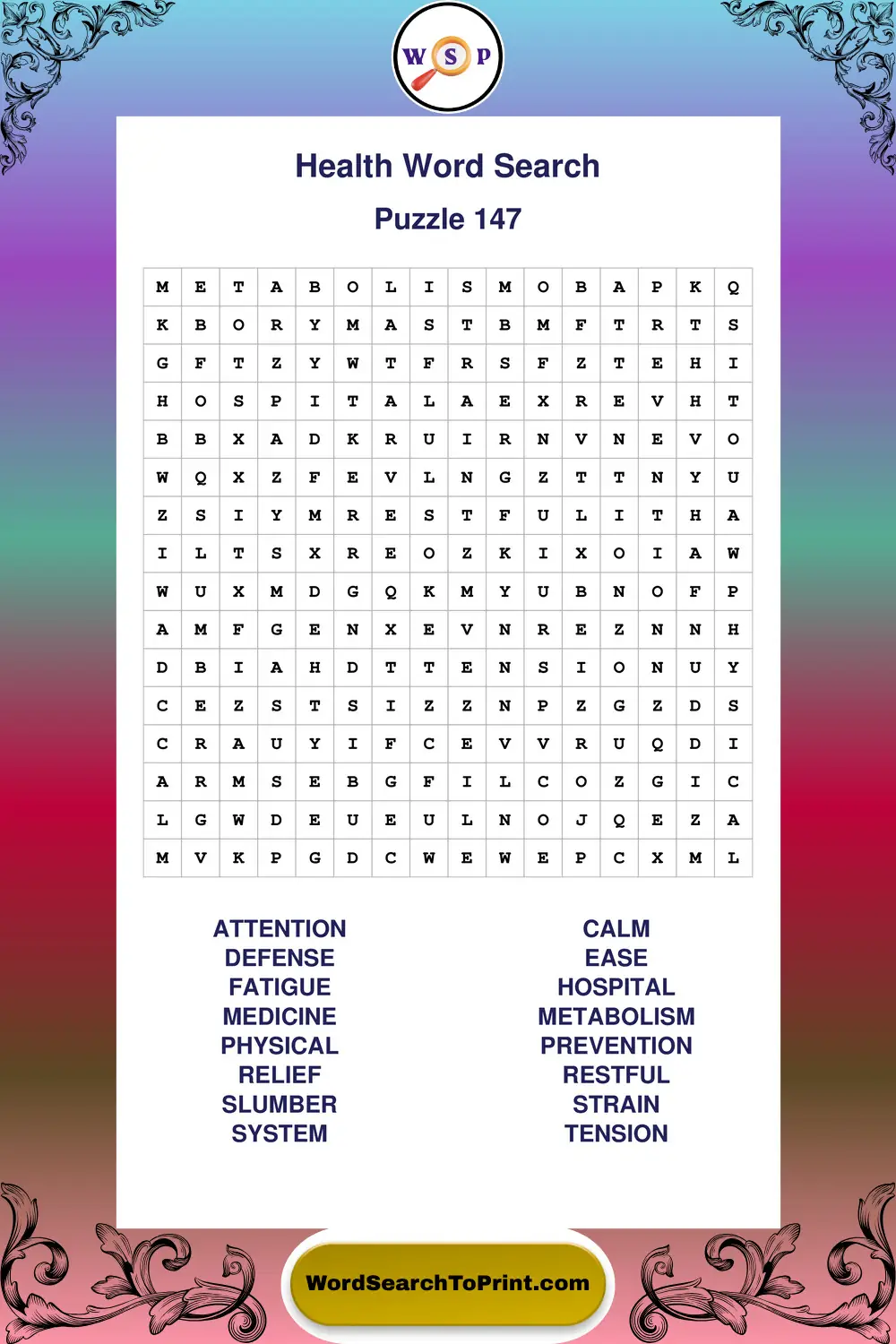 Health Word Search Puzzle 147