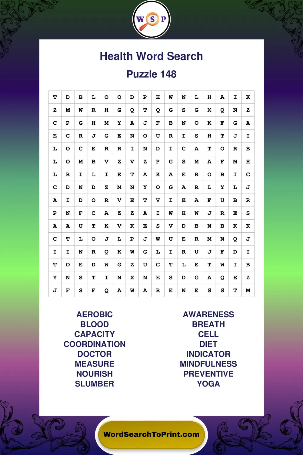 Health Word Search Puzzle 148