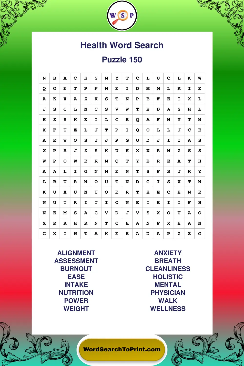Health Word Search Puzzle 150