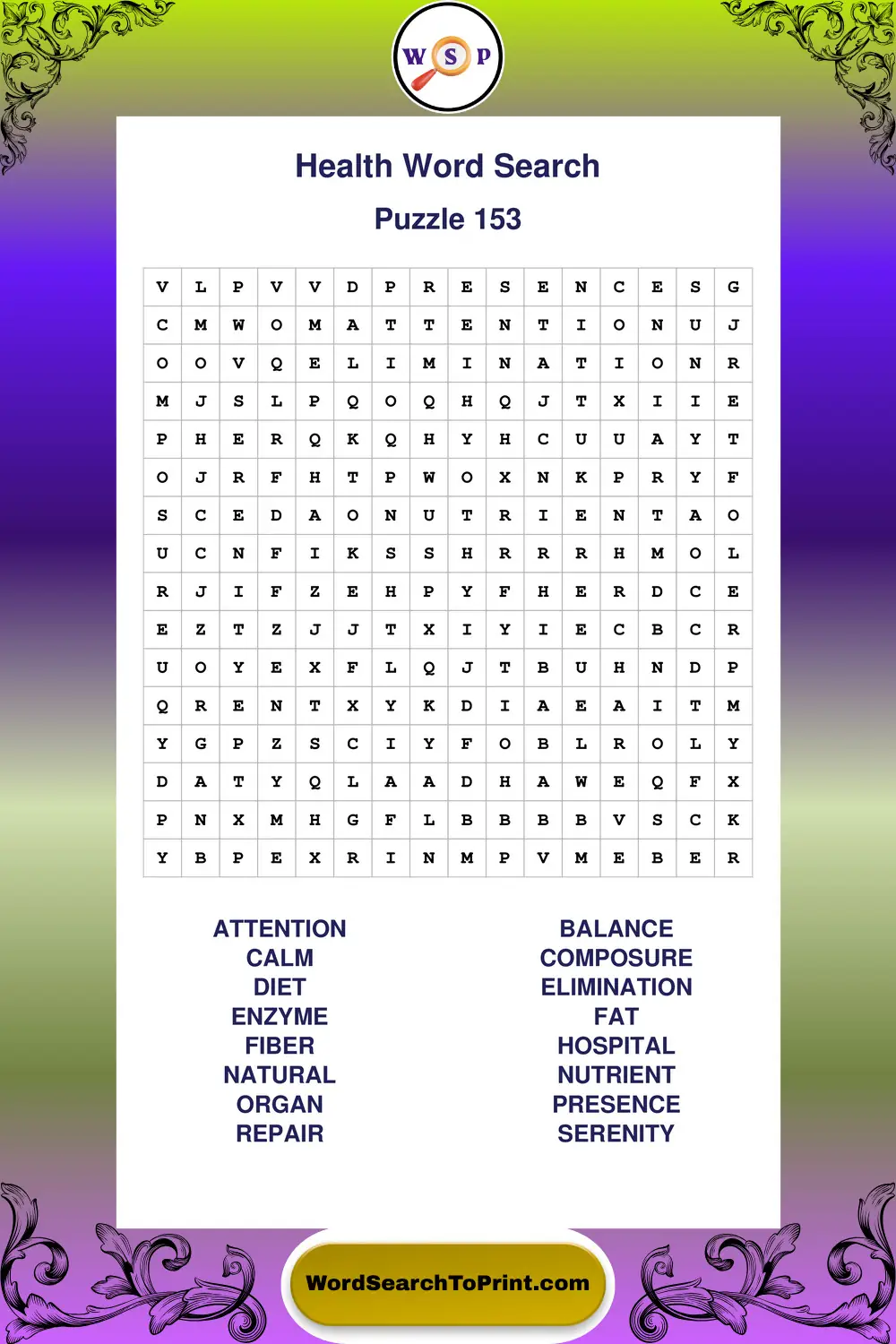 Health Word Search Puzzle 153