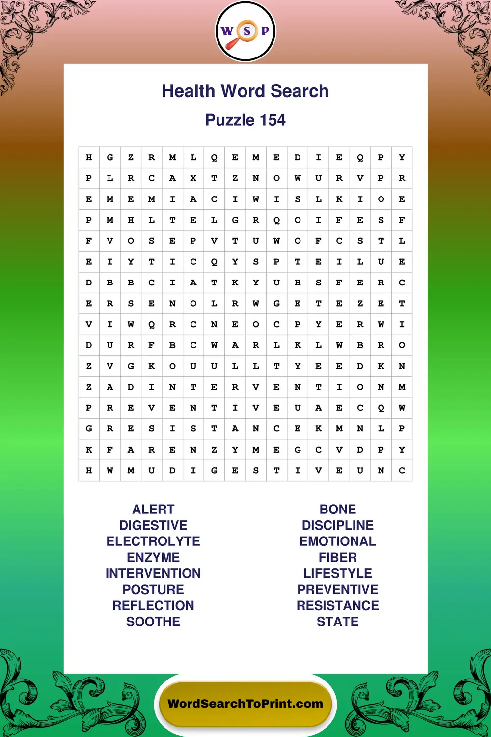 Health Word Search Puzzle 154