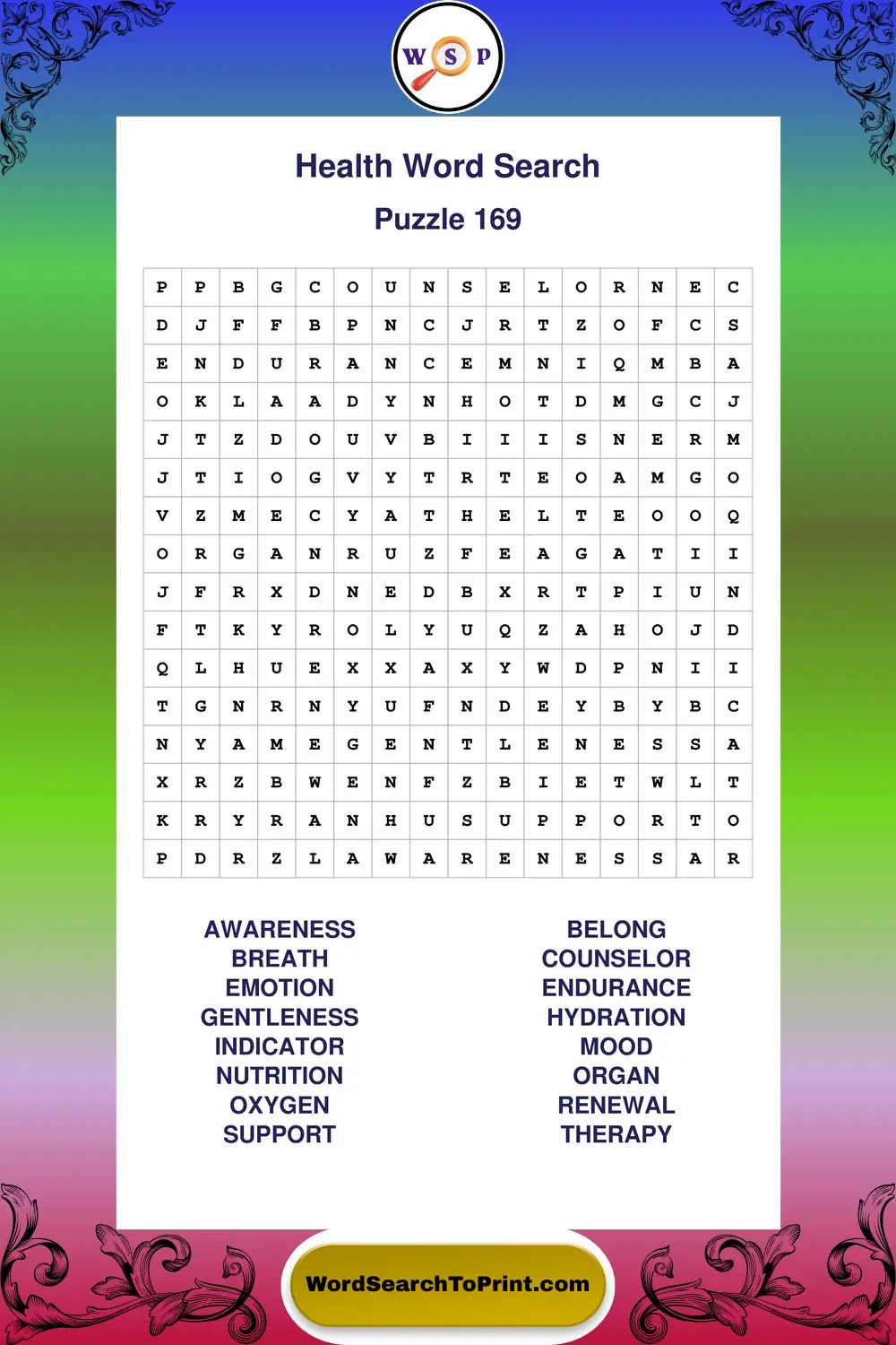 Health Word Search Puzzle 169