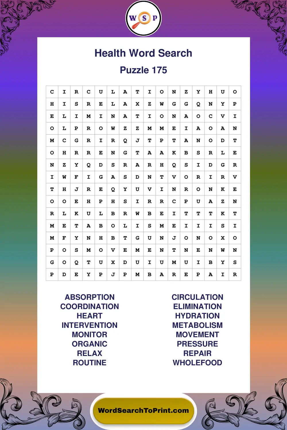 Health Word Search Puzzle 175