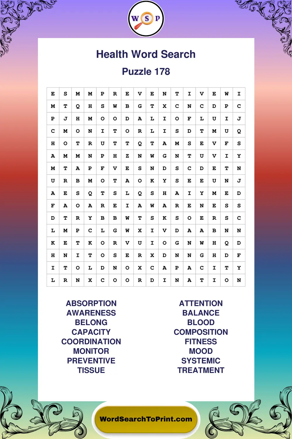 Health Word Search Puzzle 178