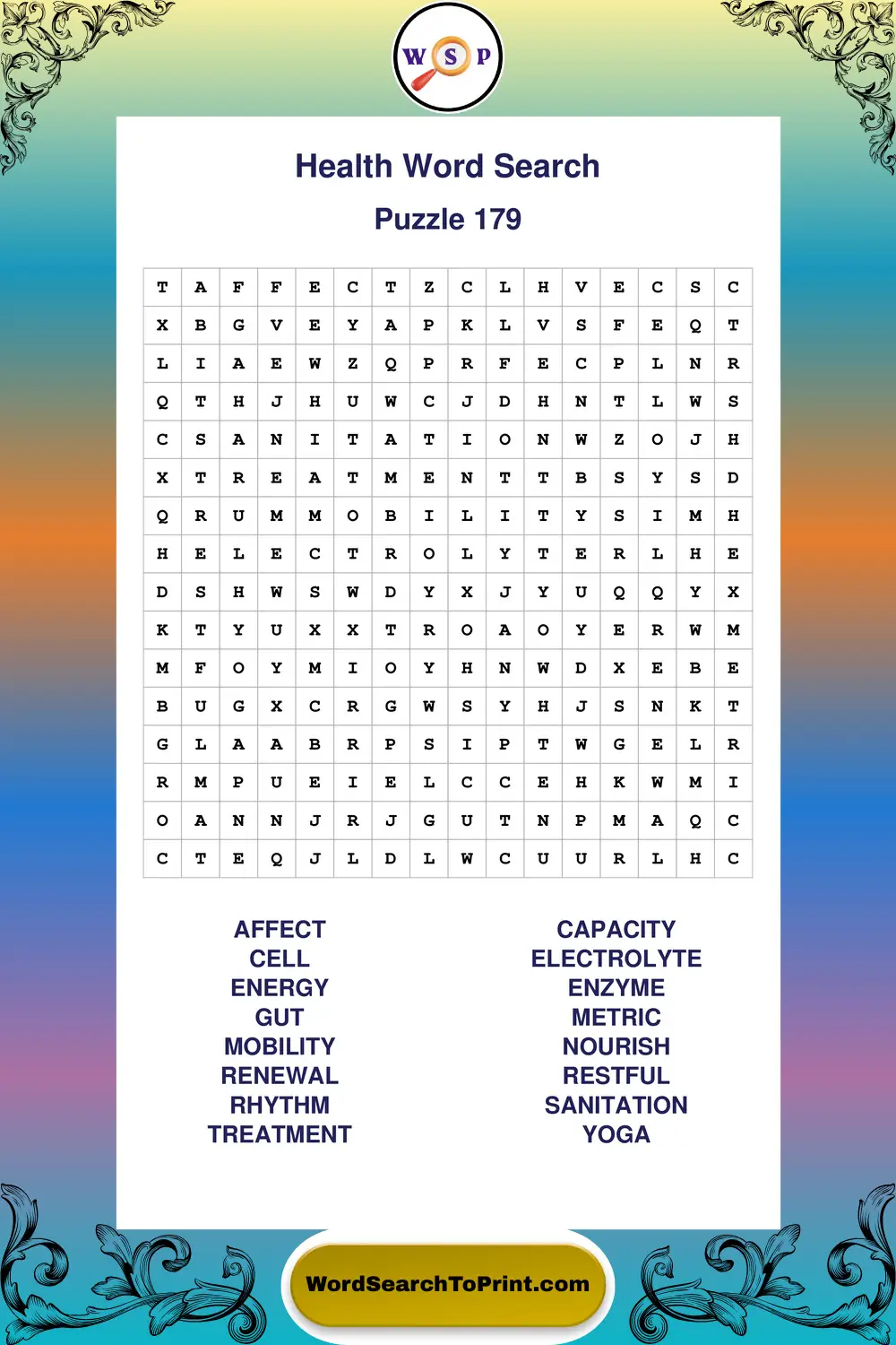 Health Word Search Puzzle 179