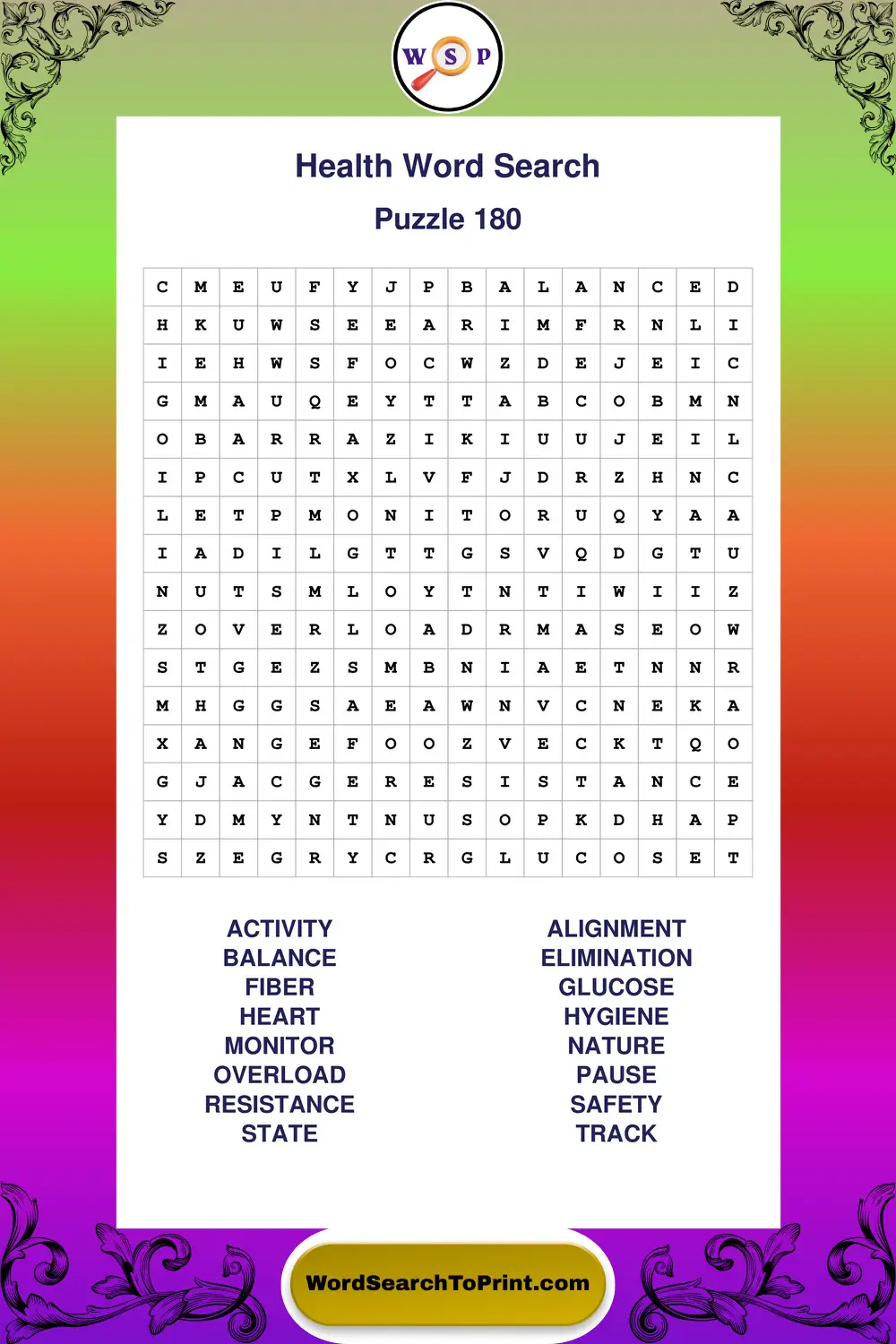 Health Word Search Puzzle 180